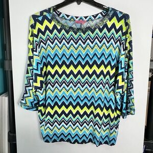 Joyous &‎ Free Womens Sz Large Chevron Beaded Neckline Top Blue Green *READ